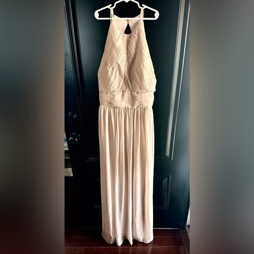 Samantha Paige Floor Length Formal dress champagne color high neck size 8 GUC